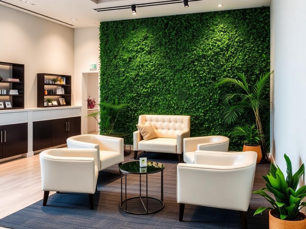 Reception and waiting lounge with ivory armchairs, retail display shelving and a living green wall
