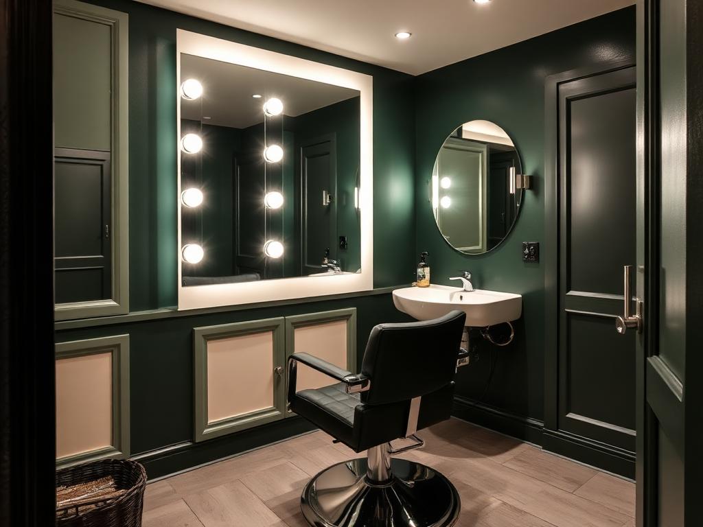 Private hair styling suite in Forest Park with a salon chair, lighted mirror and shampoo sink