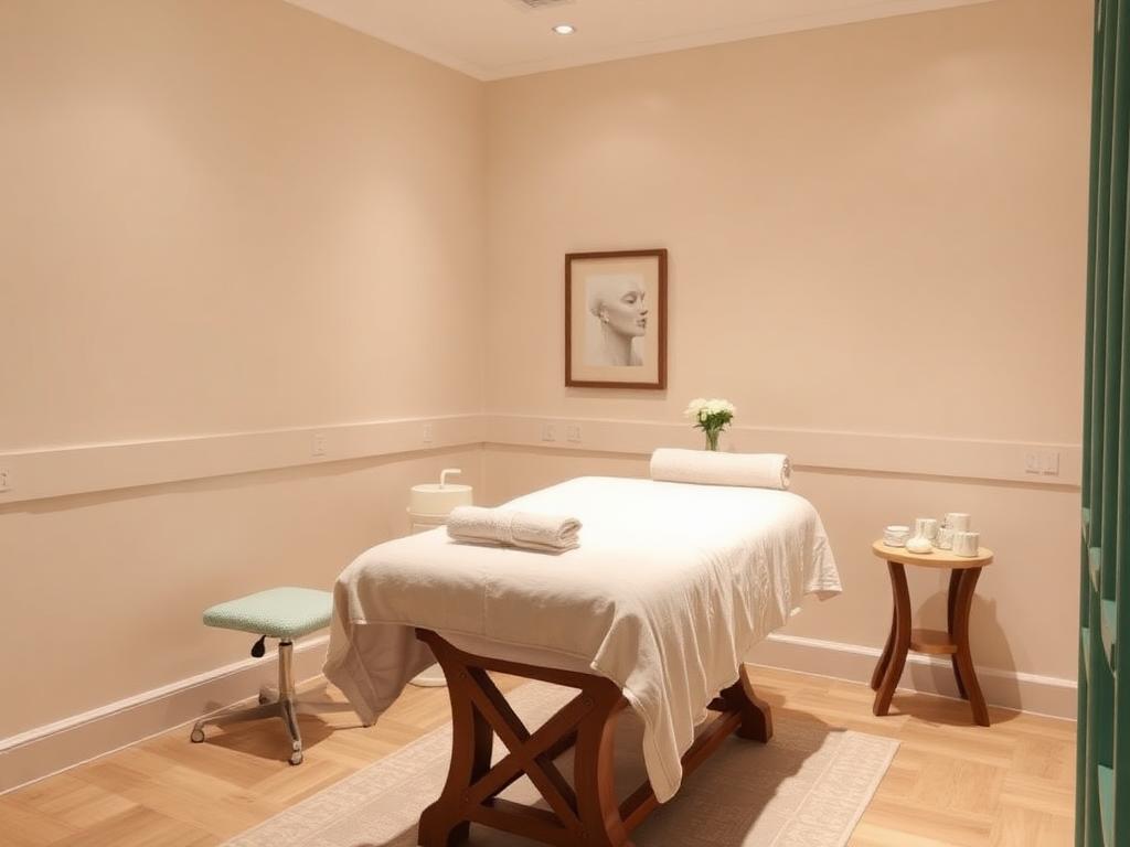 Esthetician treatment suite with a facial bed, fresh linens and calm neutral walls